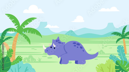 Cute triceratops dinosaur in prehistoric landscape