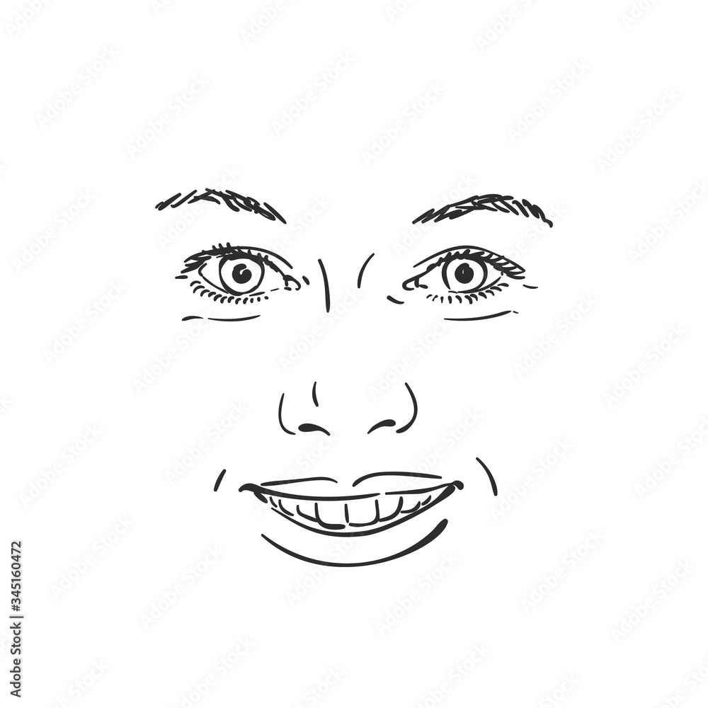 Face of happy smiling woman, Vector sketch Hand drawn illustration isolated Face of happy smiling woman, Vector sketch Hand drawn illustration isolated
