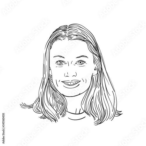Portrait of happy smiling woman with long hair, Hand drawn illustration, Vector sketch