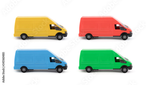 Group of colorful transport van cars on white background