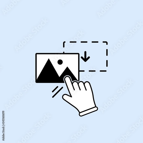 Drag and drop image, photo, picture icon with hand on isolated background for applications, web, app. EPS 10 vector.