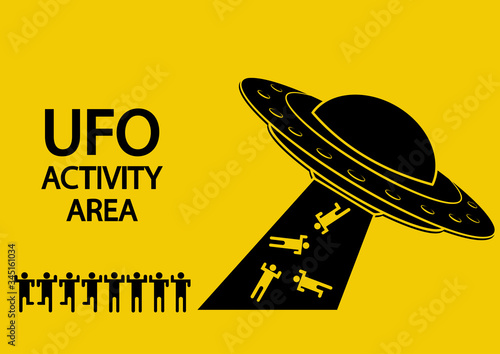 UFO activity area. Flying spaceship in black color. UFO abducts humans. Flying saucer. Alien space ship in glyph style, isolated on yellow background