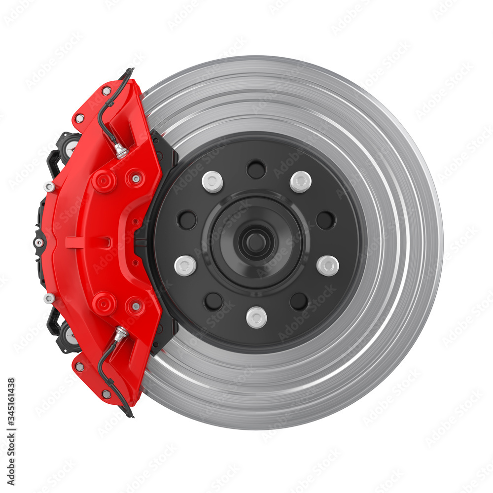 Car Brake Disc and Red Caliper Isolated Car Brake Disc and Red Caliper Isolated