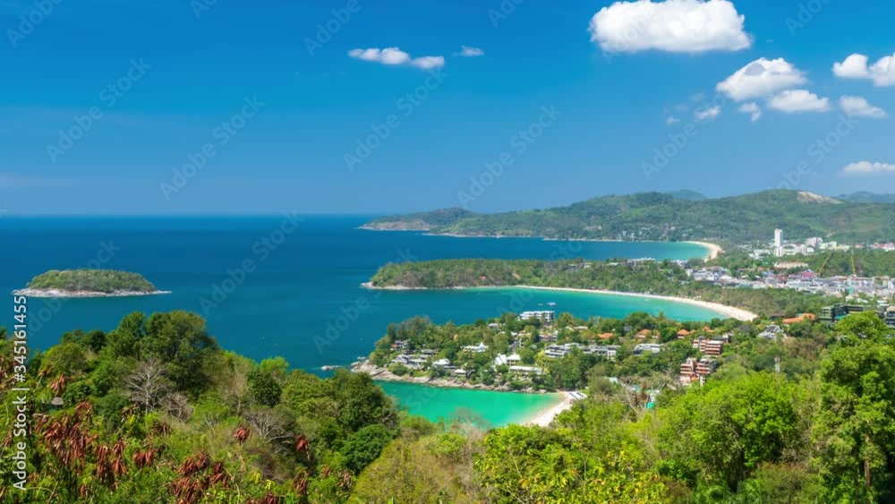 Magnificent scenic view over beautiful Andaman sea and three bays at Karon Viewpoint, Phuket, Thailand; zoom out - Time Lapse Magnificent scenic view over beautiful Andaman sea and three bays at Karon Viewpoint, Phuket, Thailand; zoom out - Time Lapse