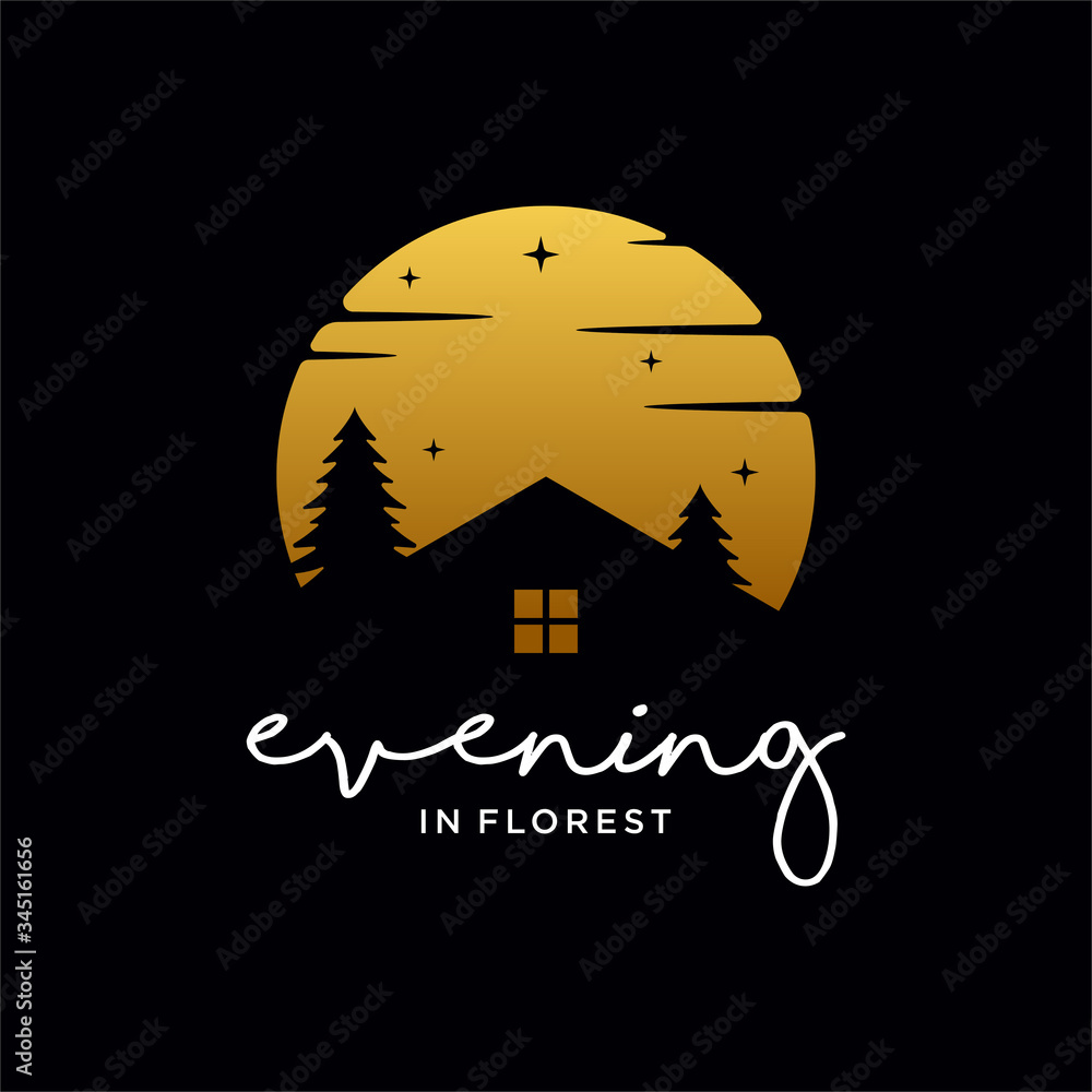 home with sunset  in forest creative logo design premium vector illustration