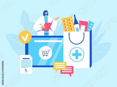 Online pharmacy concept. Pharmacist helps to collect an order on the site.