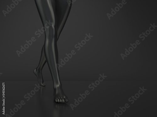 Female legs in black glossy color on a black background. Slender bare feet are walking. Monochrome illustration. Black mannequin or sculpture. Creative conceptual 3D render. Copy space.