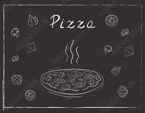 Menu poster with traditional Italian pizza. White chalk icons on blackboard. Black background. Line art.