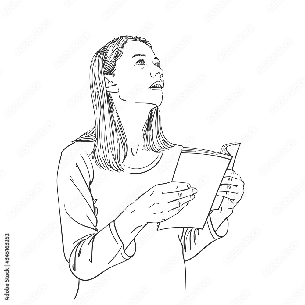 Young woman with open book in hands, looks sideways up, vector sketch, hand drawn linear illustration isolated Young woman with open book in hands, looks sideways up, vector sketch, hand drawn linear illustration isolated