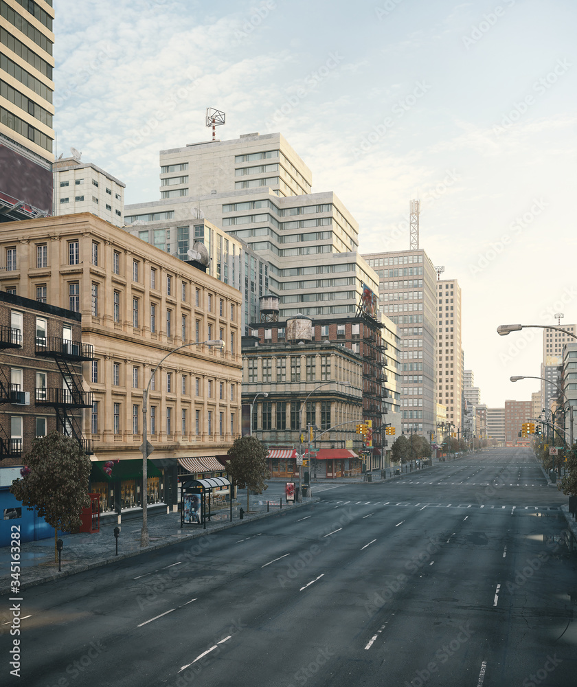 Fototapeta premium Empty city, streets during Corona Virus quarantine. 2019-ncov, Stay at home concept. Full CGI, 3d render.