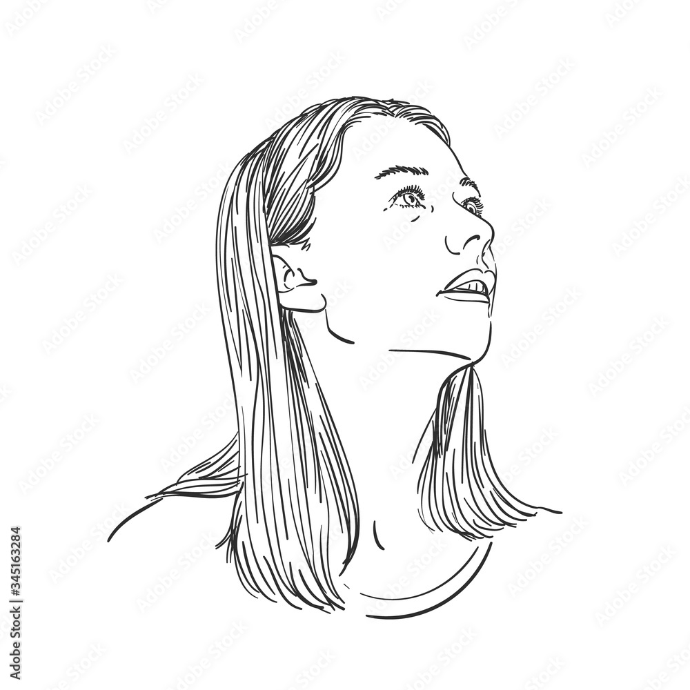 Portrait of woman with long hair looking sideways up, Hand drawn illustration, Vector sketch