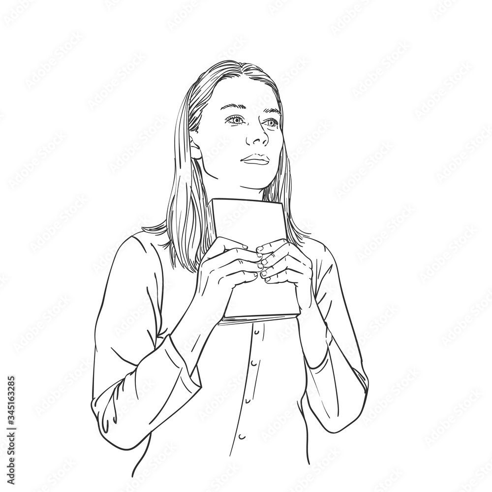 Young woman holds book in hands, looks straight and thinks, vector sketch, hand drawn linear illustration isolated Young woman holds book in hands, looks straight and thinks, vector sketch, hand drawn linear illustration isolated