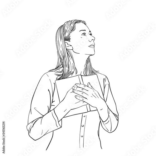 Young woman presses open book to herself with both hands, looks sideways up, vector sketch, hand drawn linear illustration isolated