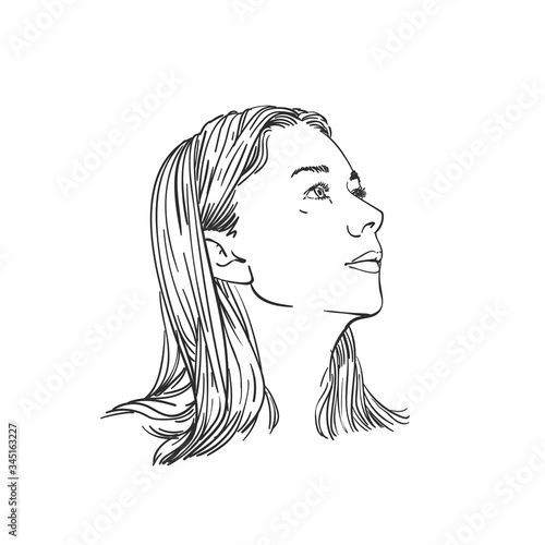 Portrait of woman with long hair looking sideways up, Hand drawn illustration, Vector sketch