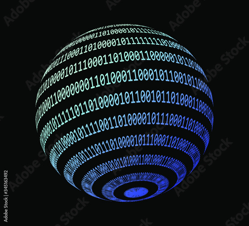 Glowing neon sphere made of binary digits, zeros and ones. Metaphor of complexity and connectionism, cyberspace and virtual reality.