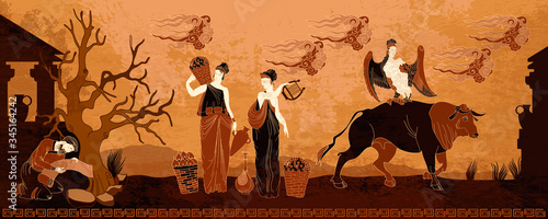 Old history and culture. Ancient Greece. Goddesses and people. Black figure pottery style. Ancient Greek mythology art
