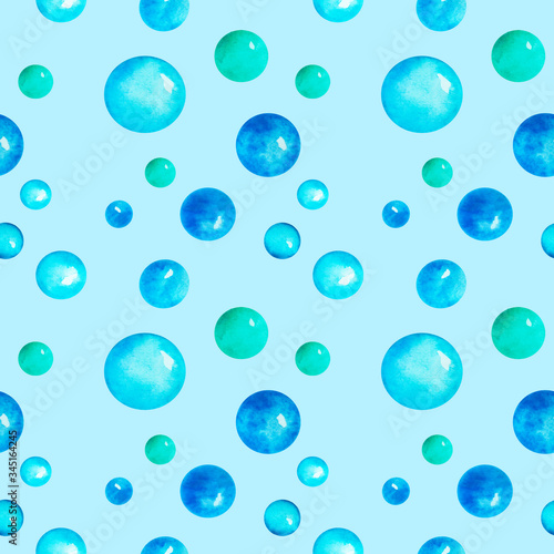 Seamless watercolor pattern with the image of bubbles of blue and light green, randomly scattered on a light background. Suitable for abstract backgrounds and scrapbooking.