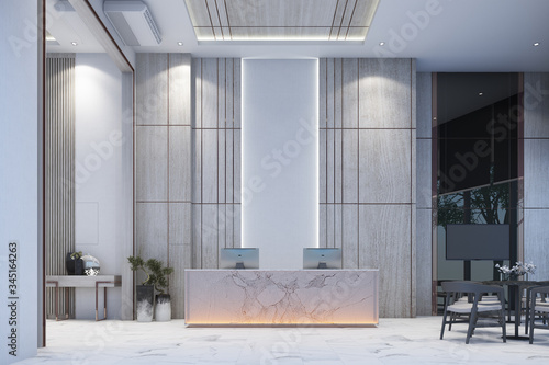 Reception waiting area lobby with wall decorate sales gallery on white marble floor and table with chair 3d rendering