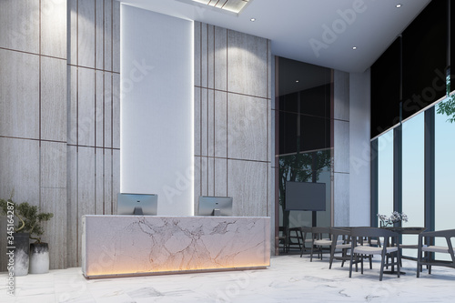 Reception waiting area lobby with wall decorate sales gallery on white marble floor and table with chair 3d rendering