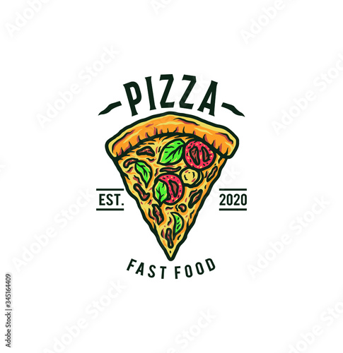 Pizza logo vector illustration, hand drawn line with digital color