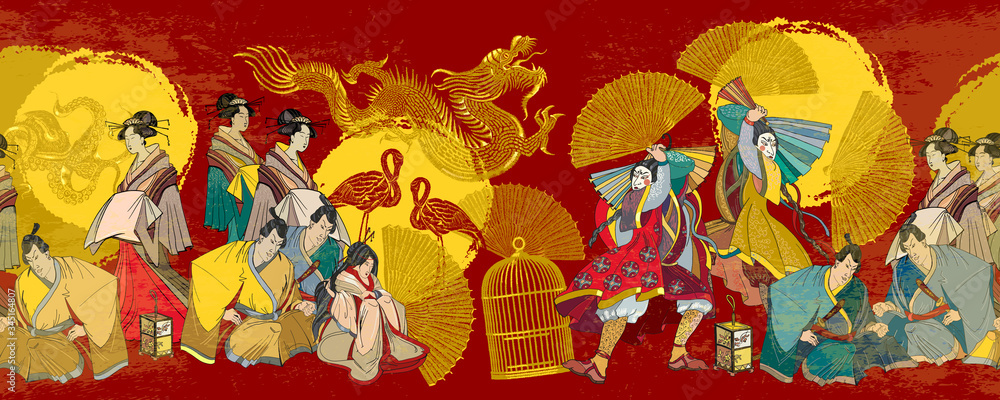 Japanese horizontal seamless pattern. Golden dragon, sun, samurai and geishas. Classical engraving art. Asian culture. Oriental art. Kabuki actors. Medieval ancient Japan background Japanese horizontal seamless pattern. Golden dragon, sun, samurai and geishas. Classical engraving art. Asian culture. Oriental art. Kabuki actors. Medieval ancient Japan background