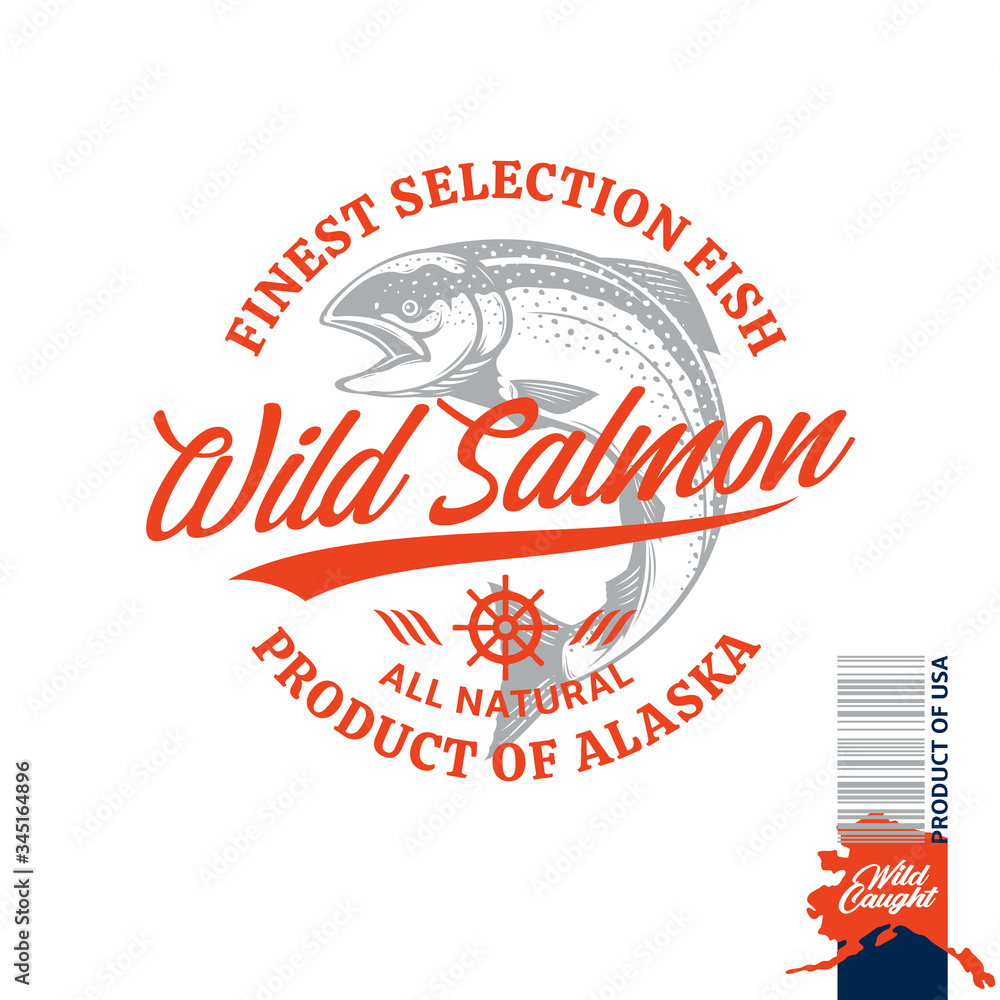 Fototapeta premium Vector wild salmon logo on a white background. Salmon label with sample text. Fish illustration. Vector seafood logotype design