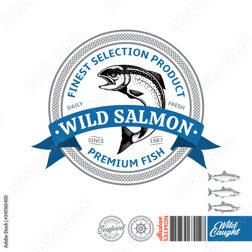 Vector salmon logo. Seafood label with sample text. Atlantic, sockeye and pink salmon illustration. Vector logotype design