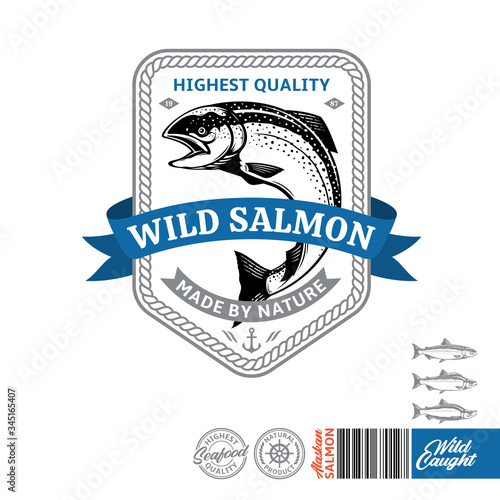 Vector wild caught salmon logo. Atlantic, sockeye and pink salmon illustration. Seafood label with sample text. Vector logotype design