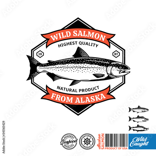 Vector wild caught Alaskan salmon logo. Seafood label with sample text. Atlantic, sockeye and pink salmon illustration. Vector logotype design