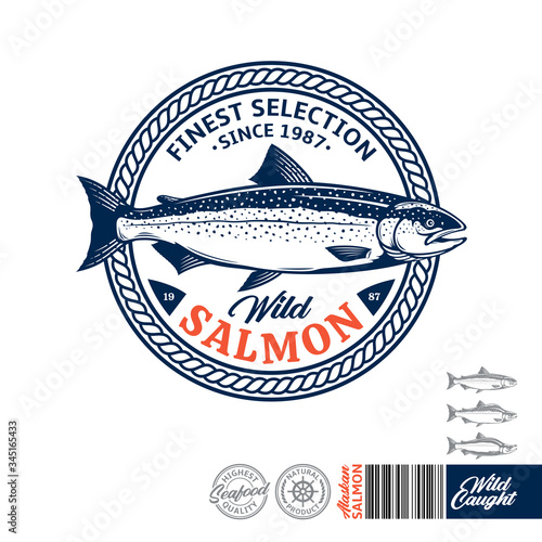 Vector wild caught salmon logo. Atlantic, sockeye and pink salmon illustration. Seafood label with sample text. Vector logotype design