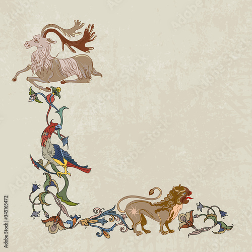 Medieval vintage frame. Mythical creatures of the Renaissance era. Elegant baroque. Gothic style. Middle Ages art