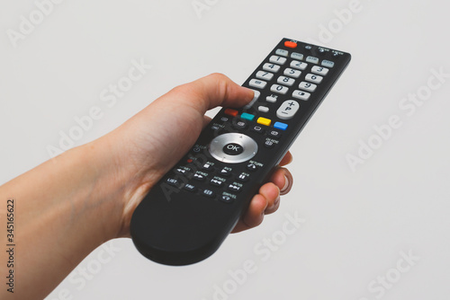 Hand holding Multimedia remote control.