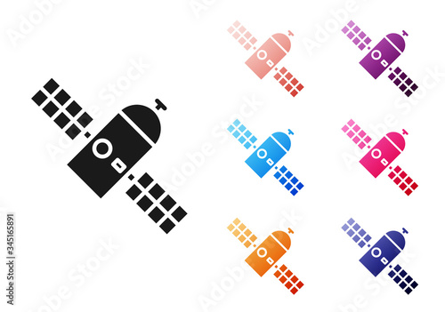 Black Satellite icon isolated on white background. Set icons colorful. Vector Illustration