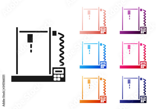Black 3D printer icon isolated on white background. Set icons colorful. Vector Illustration