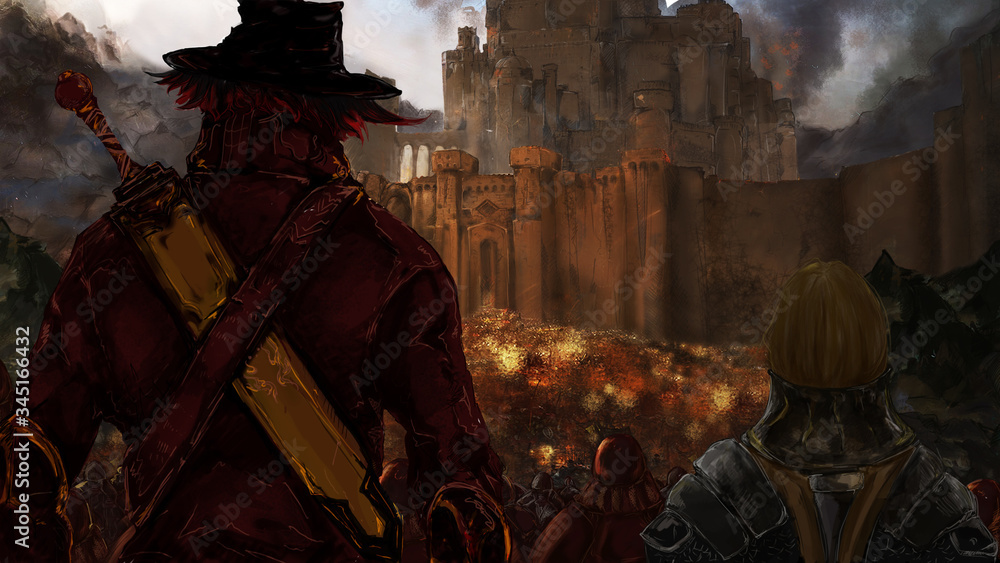 Battle near the castle in dark colors