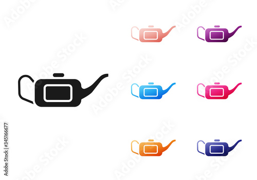 Black Canister for motor machine oil icon isolated on white background. Oil gallon. Oil change service and repair. Set icons colorful. Vector Illustration