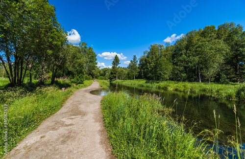 Summer landscape with a river, a path along the river, trees, grass and a blue sky with white clouds