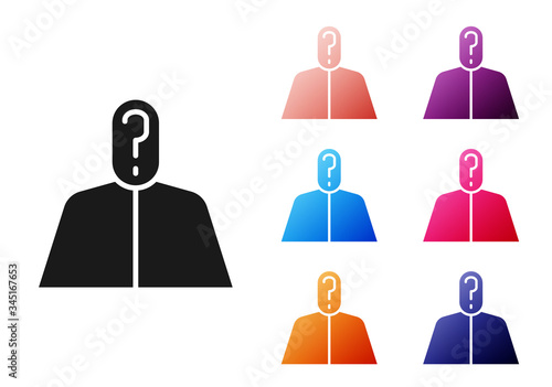 Black Anonymous man with question mark icon isolated on white background. Unknown user, incognito profile, business secrecy, obscurity. Set icons colorful. Vector Illustration