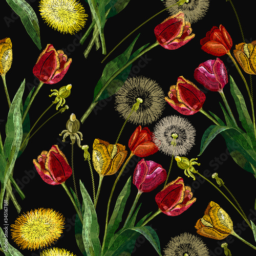 Red and yellow tulips and white dandelion flowers. Seamless pattern. Summer embroidery art. Fashionable template for design of clothes, t-shirt design, tapestry. Botanical illustration