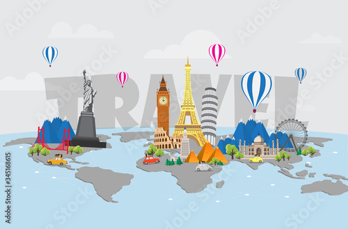 Travel to around the World. Road trip. Big set of famous landmarks of the world. Time to travel, tourism, summer holiday. Different types of journey. Flat design vector illustration