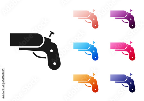Black Flare gun pistol signal sos icon isolated on white background. Emergency fire shoot target smoke. Orange 911 launcher. Set icons colorful. Vector Illustration