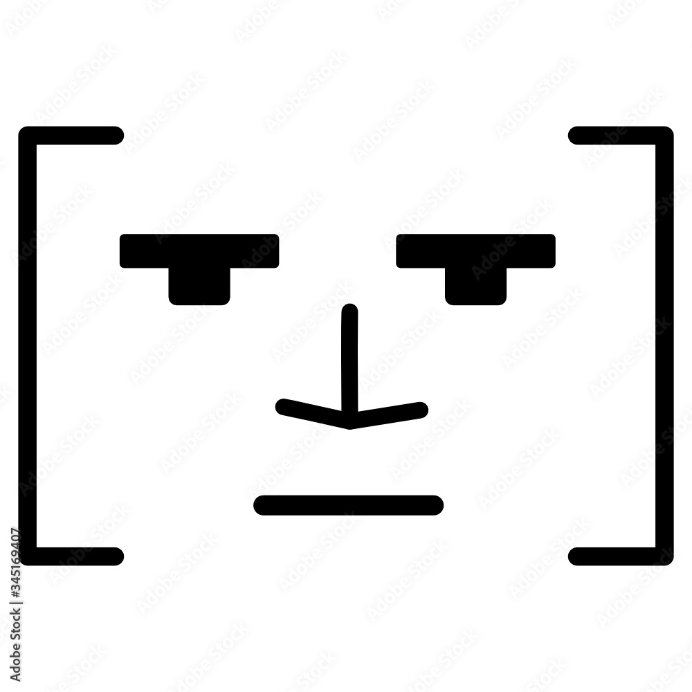 Simple facial features in a definition frame. Definition of a person by face. Icon depicting biometric control and search technology. Simple person icon or logo. Linear robot on a white background. Simple facial features in a definition frame. Definition of a person by face. Icon depicting biometric control and search technology. Simple person icon or logo. Linear robot on a white background.