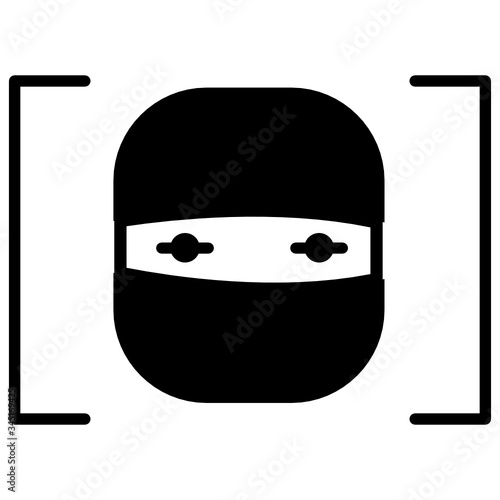 Face recognition technology. Ninja in the focus frame. Definition of criminals and hackers. Bypass control and use sites changing IP address. Icon or logo for sites, applications and design.