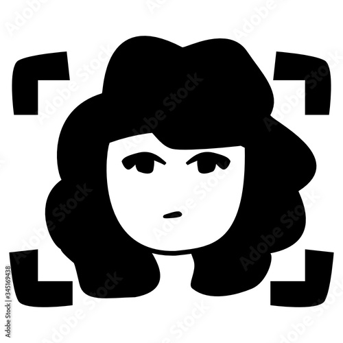 Icon of a girl with magnificent curly hair. Face recognition icon. Black-white woman with make-up, on a white background. Image of a girl for a logo icon, print and design.