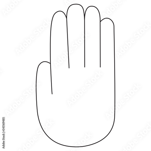 Simple linear hand in doodle style. A stylized palm that indicates a stop sign. Outline of a raised palm on a white background. Stock stopping limb for signs, icons, decoration and design.