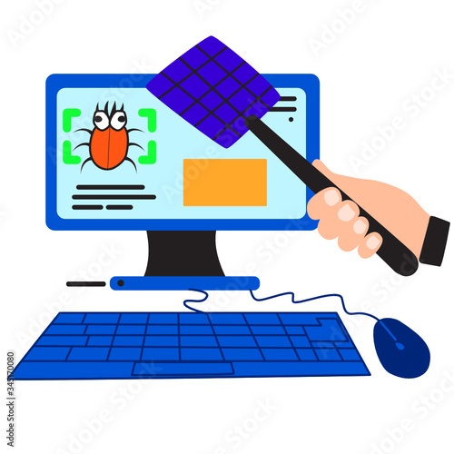Flat computer bug. Illustration treatment. Vector infected computer and hand with a swatter. Color picture on a white background for decoration, design and printing. Theme of technology.
