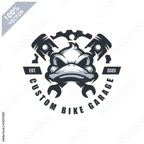 Duck head auto repair and custom Garage Vintage style logo. Design element for company logo, label, emblem, sign, apparel or other merchandise. Scalable and editable Vector illustration.
