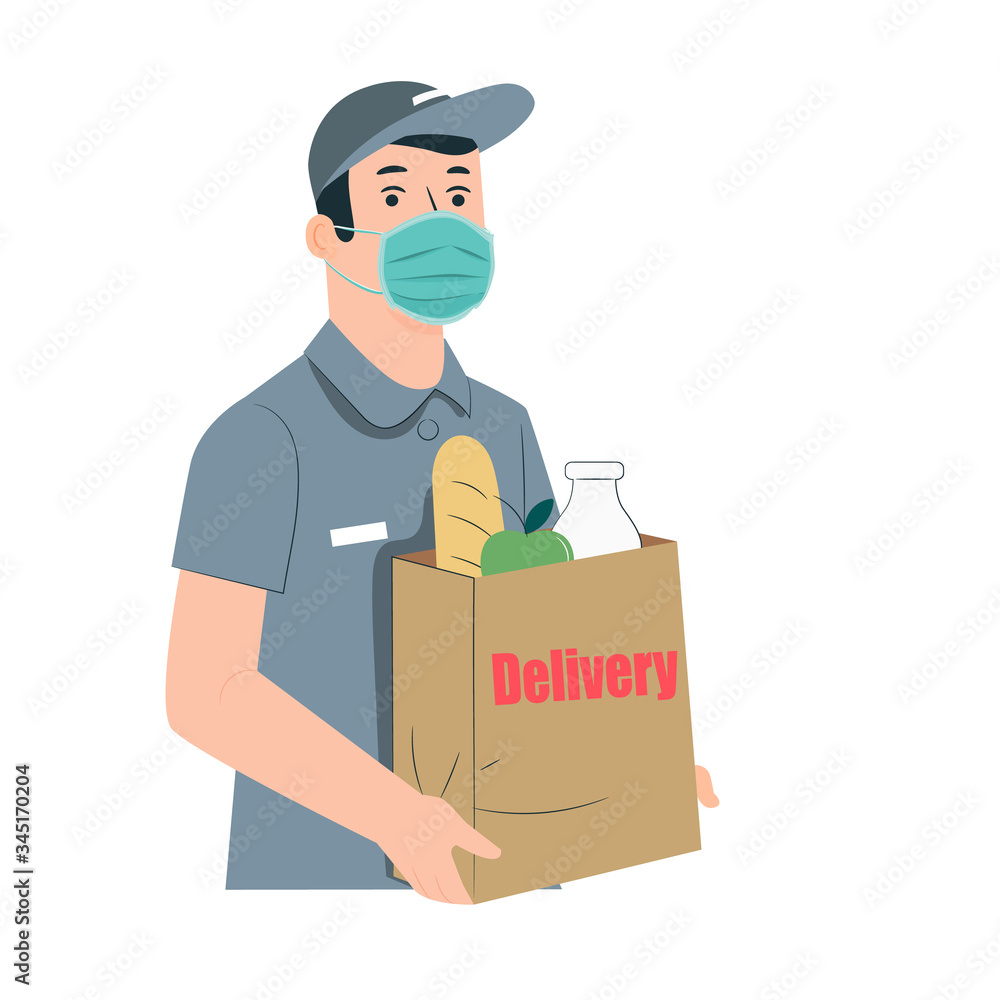 Delivery of goods during the prevention of coronovirus, Covid-19. Courier in a face mask with a box in his hands. Portrait from the waist up. Vector flat illustration. Delivery of goods during the prevention of coronovirus, Covid-19. Courier in a face mask with a box in his hands. Portrait from the waist up. Vector flat illustration.