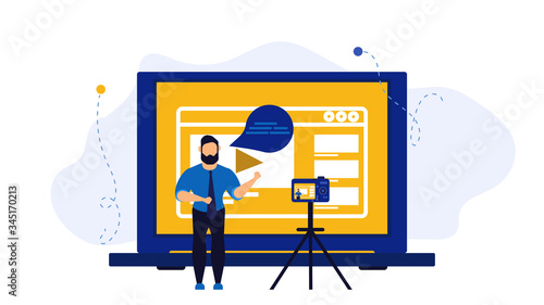 Video vloger business vector illustration concept. Web vlog design social media broadcast advertising creator. Online stream webinar movie tutorial. Explainer blog channel with camera. Blogging like