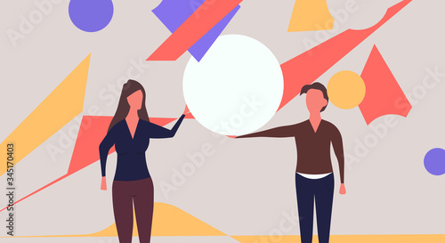 People organize abstract shape vector flat illustration teamwork. Character man and woman work with geometric figure and hold circle. Cooperation idea banner